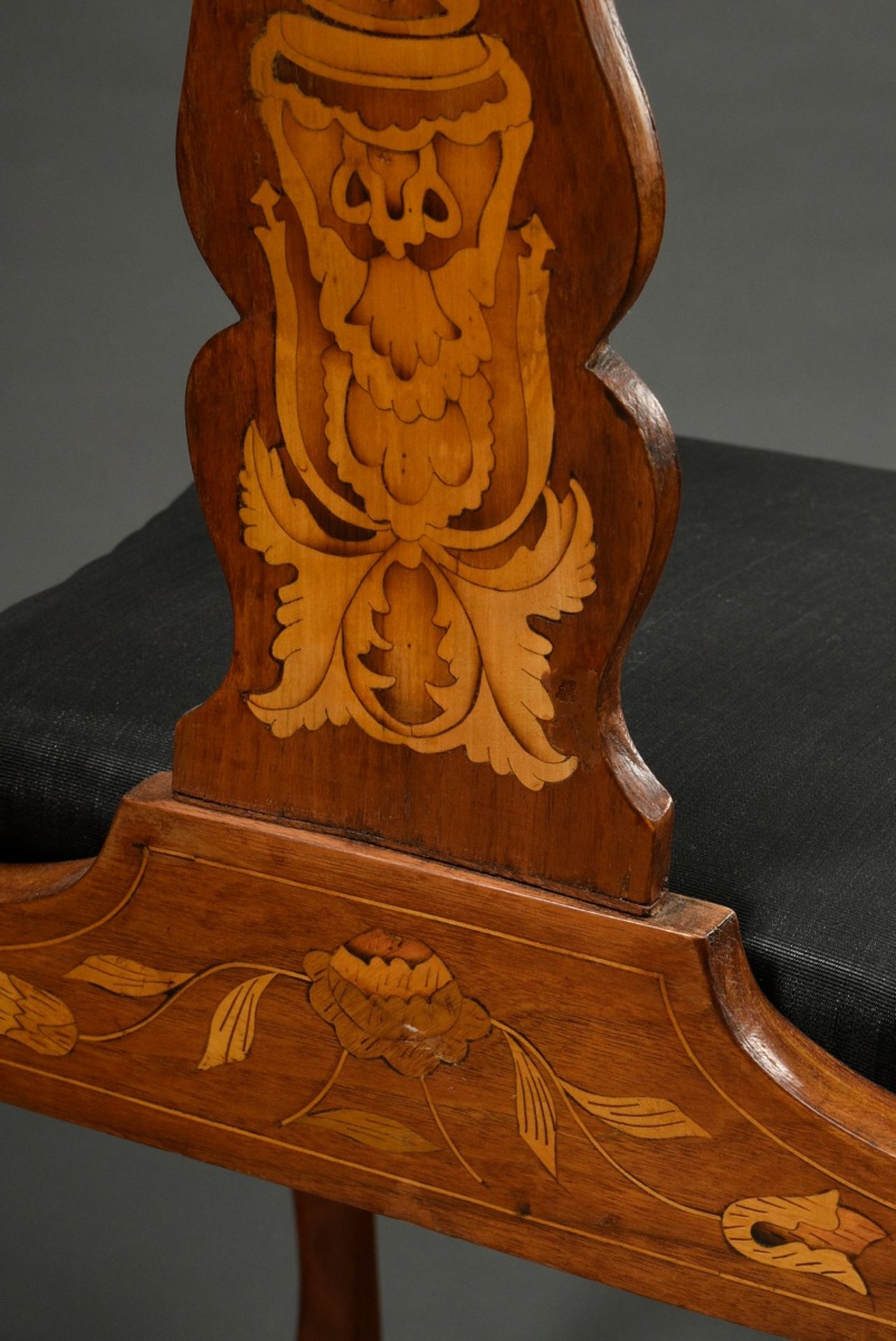 Pair of baroque chairs with elaborately inlaid frames "flower basket and vase with bird" on curved  - Image 10 of 11