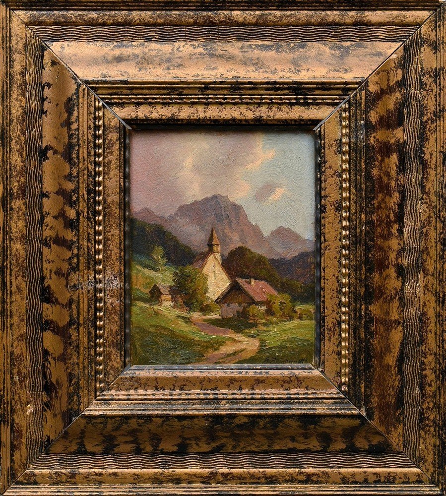 Reinhardt, Alexander (1888-1958) "Subalpine landscape with farmstead and church", oil/painting boar