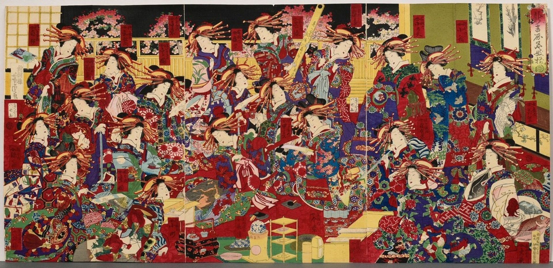 Utagawa Yoshitora (c.1830-c.1880) "New Year's Festival", colour woodblock prints, triptych, sign. Y