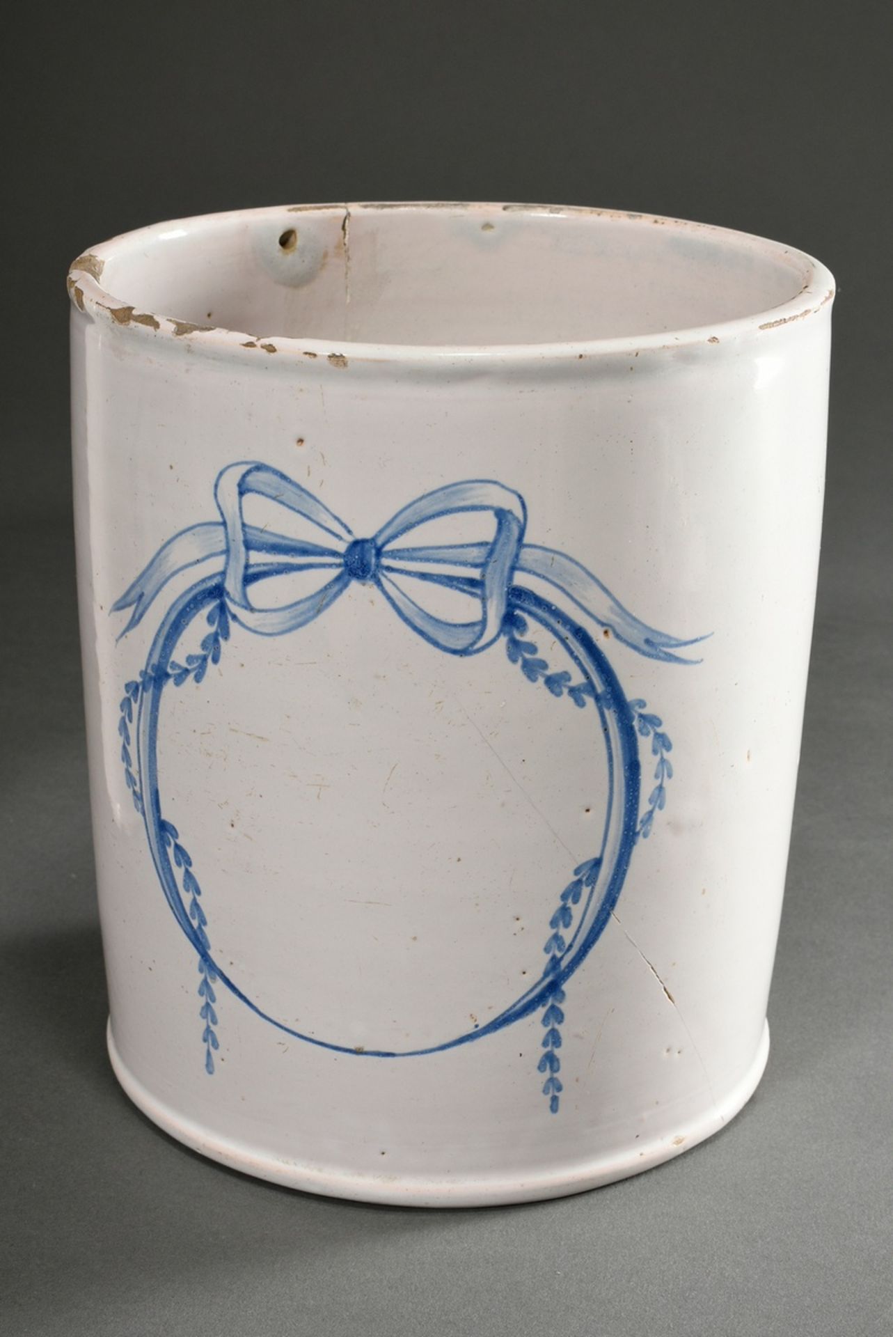 3 Various cylindrical faience pharmacy vessels with blue painted cartouches, c. 1800, 1x with lid,  - Image 5 of 14