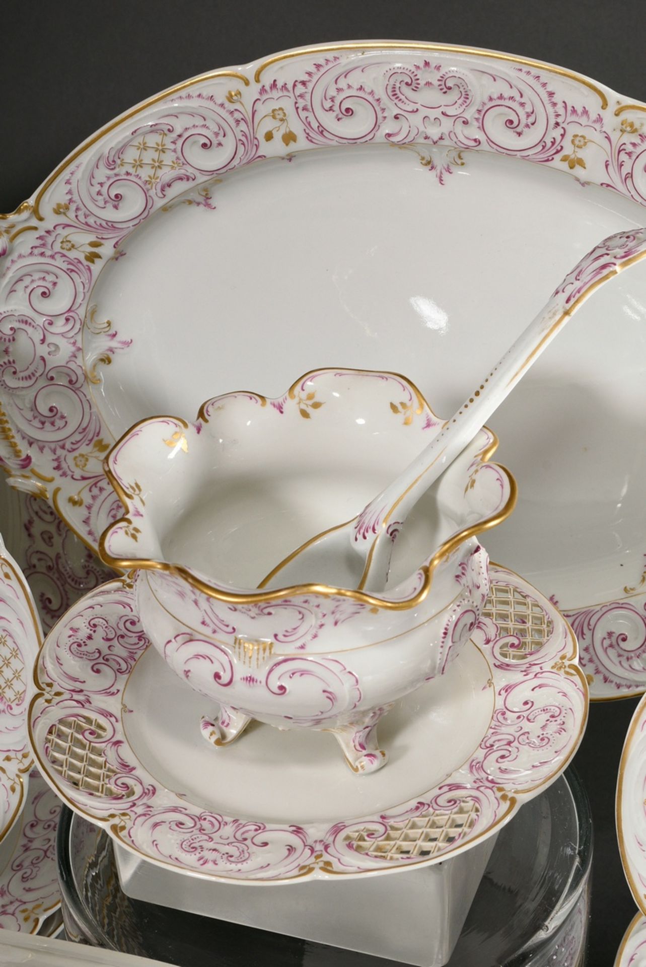 69 Pieces KPM dinner service in Rococo form with purple and gold staffage, red imperial orb mark, c - Image 7 of 22