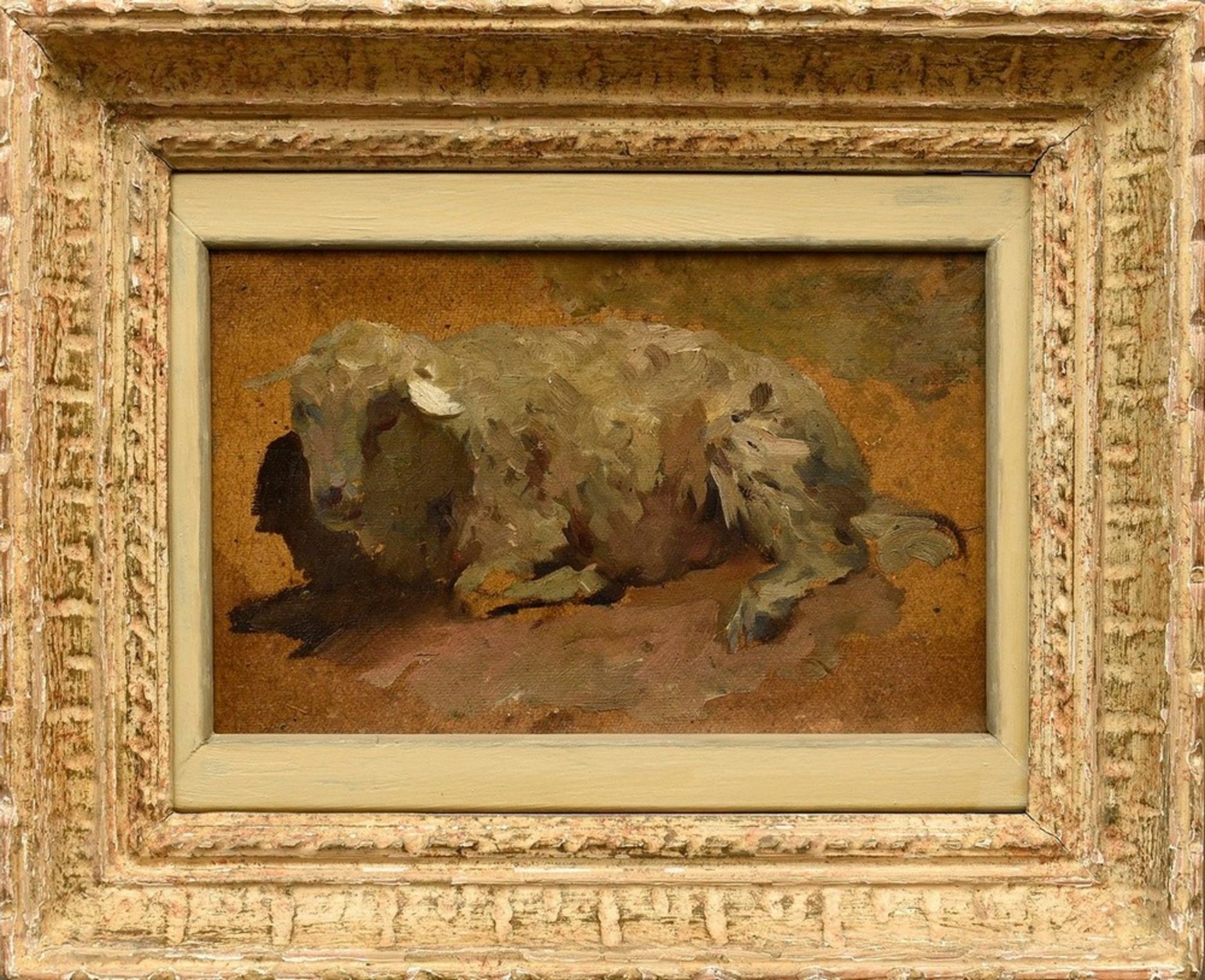 Herbst, Thomas (1848-1915) "Liegendes Schaf", Öl/Malpappe, verso Nachlassstempel, WVZ 552, Impressi - Bild 2 aus 3
