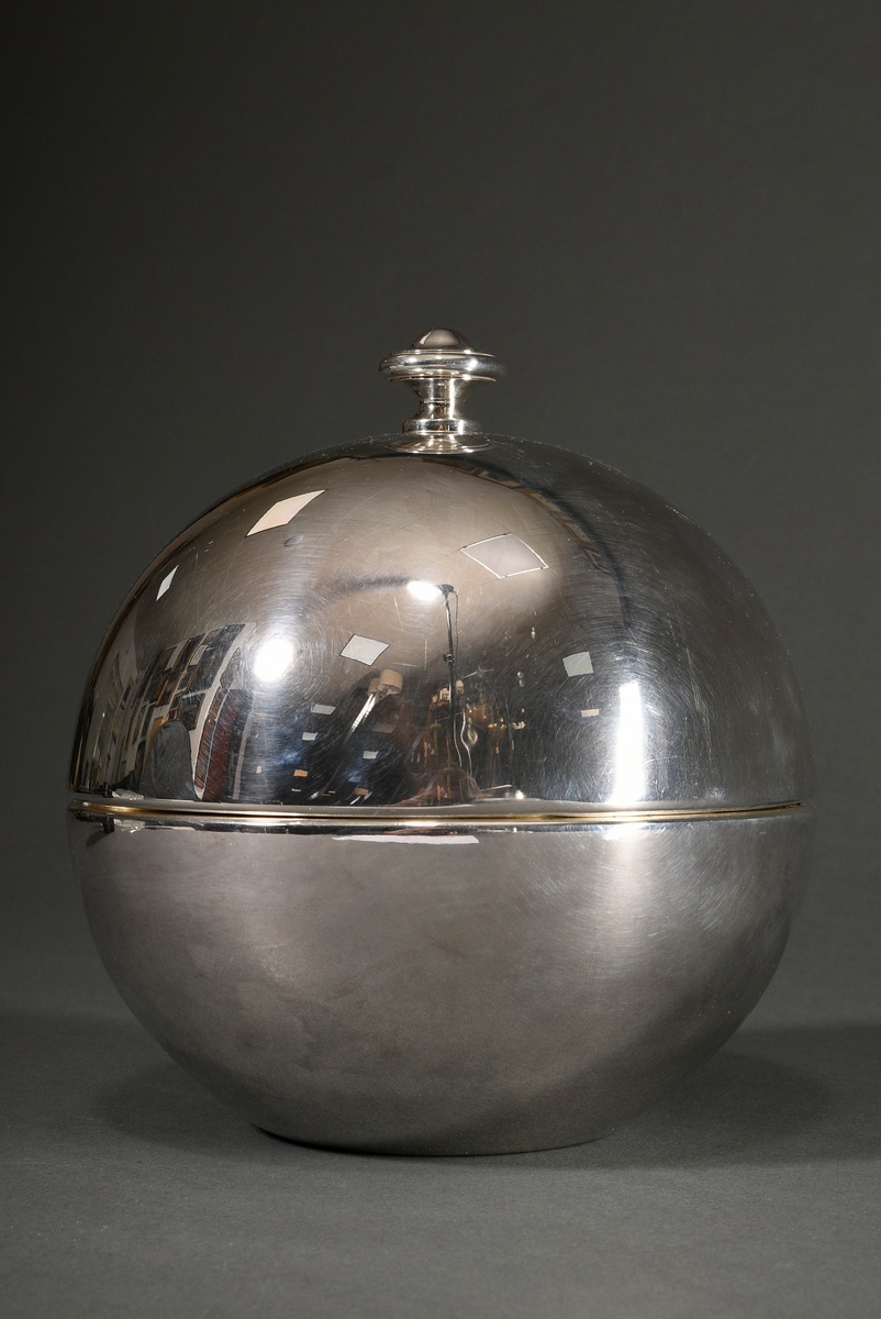 Spherical Midcentury caviar box with glass insert, Motto Italy, silver-plated metal, h. 18cm, Ø 17c - Image 2 of 7