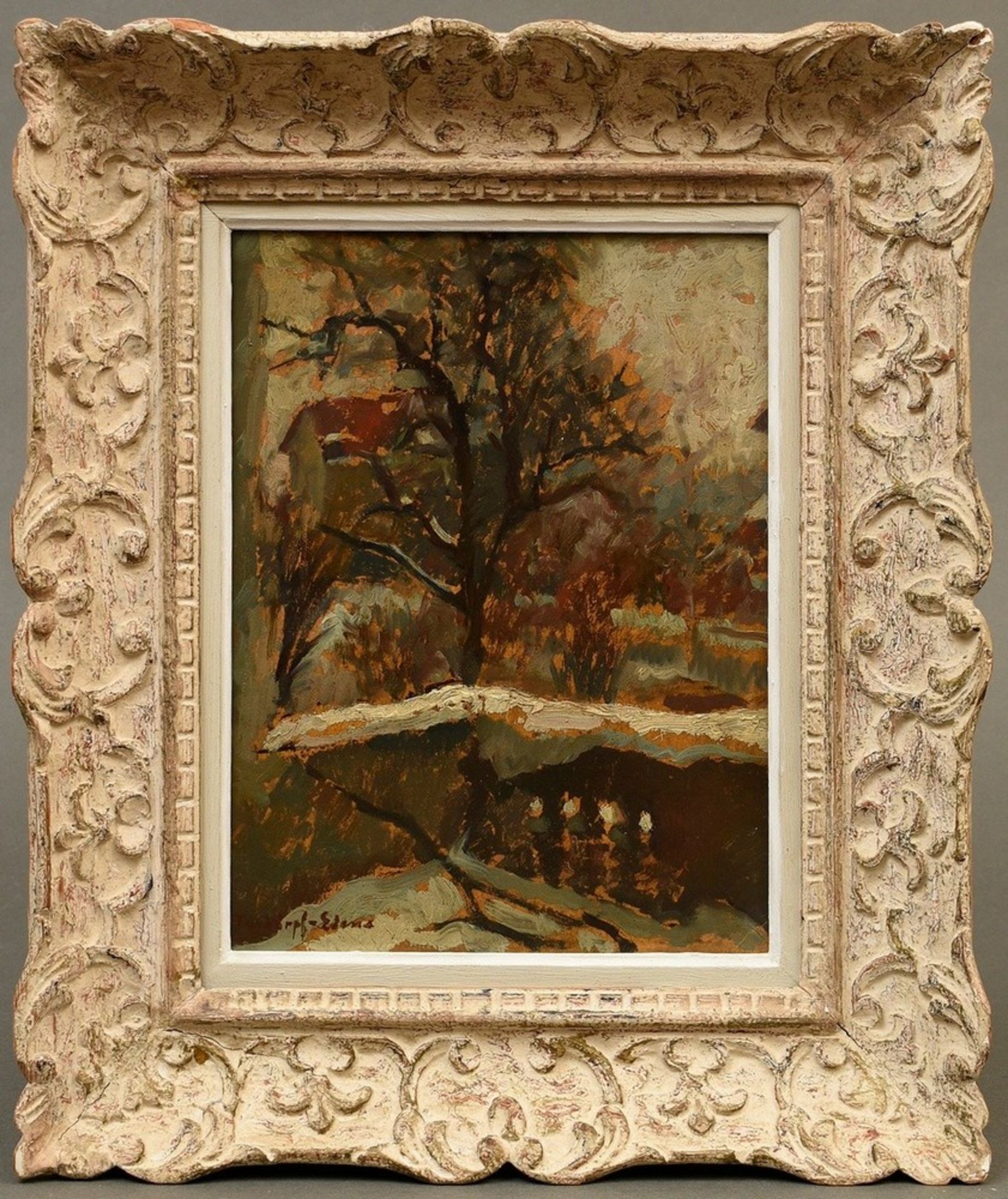 Tesdorpf-Edens, Ilse (1892-1966) "Terrasse im Winter", Öl/Malpappe, u.l. sign., Impressionisten Rah - Bild 2 aus 5