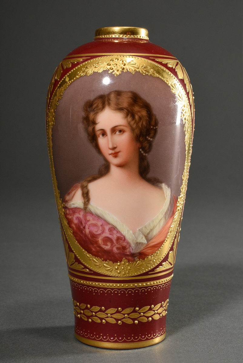 Baluster vase with polychrome painting, rich gold relief and flawless "Portrait of a lady: Mdm. Lav
