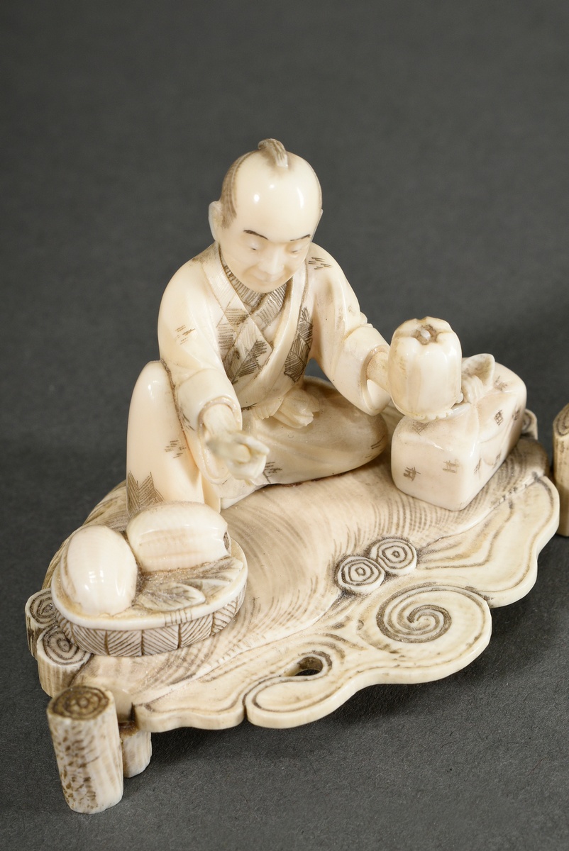 Ivory okimono ‘Chinese sage with moon lute accompanied by two drumming oni’, partially coloured bla - Image 6 of 9