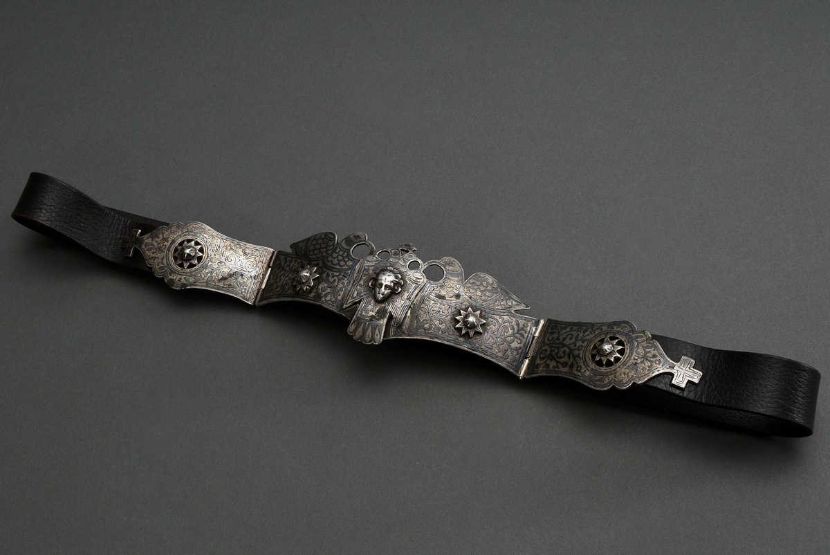 Leather belt with Caucasian double-bird buckle and ornamental tendril decoration in niello work, ma - Image 2 of 5