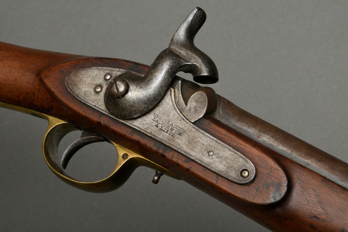 Percussion rifle, marked "Dresse. Ancion Laloux & Cie A Liege", walnut full stock, brass and iron,  - Image 6 of 14