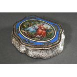 Snuff box in shield shape with enamel painting " Music-making women" in blue enamelled frame, early