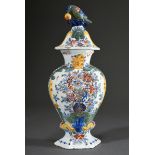 Antique Delft lid vase with polychrome painting and plastic. parrot on the lid, De Paeuw, C.J. Mess