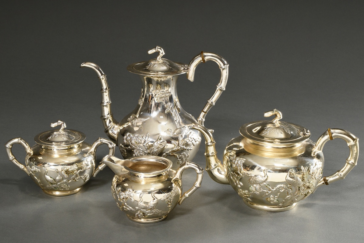 Four-piece coffee and tea set with reliefs "Cranes on pine branches" on all sides and bamboo trompe