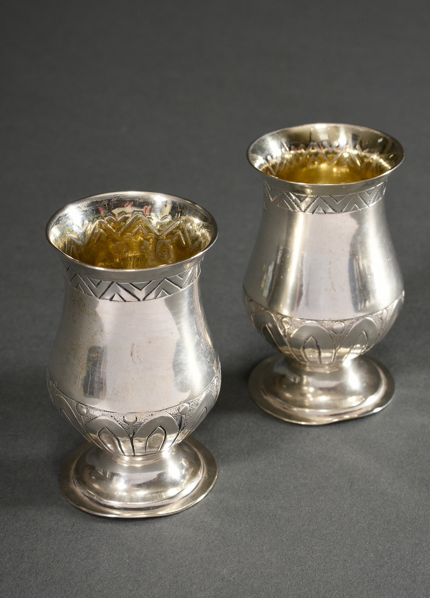 2 schnapps cups with sparse leaf and spike decoration on a baluster body, unmarked MM: MK, Budapest