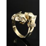 Yellow gold 585 ring made of 2 panther heads looking at each other with diamond eyes and collars (t