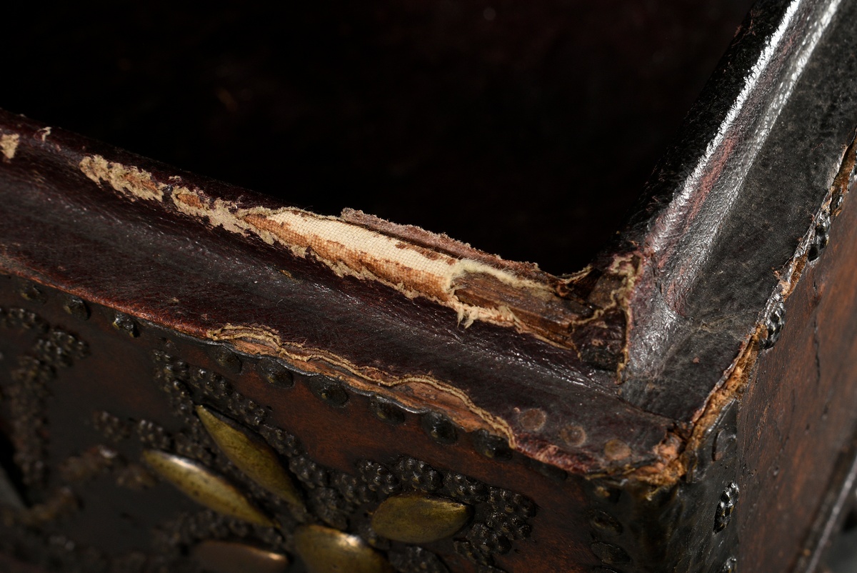 Antique leather casket with nailed decoration on the body and steel fittings, inside florally hallm - Image 12 of 14