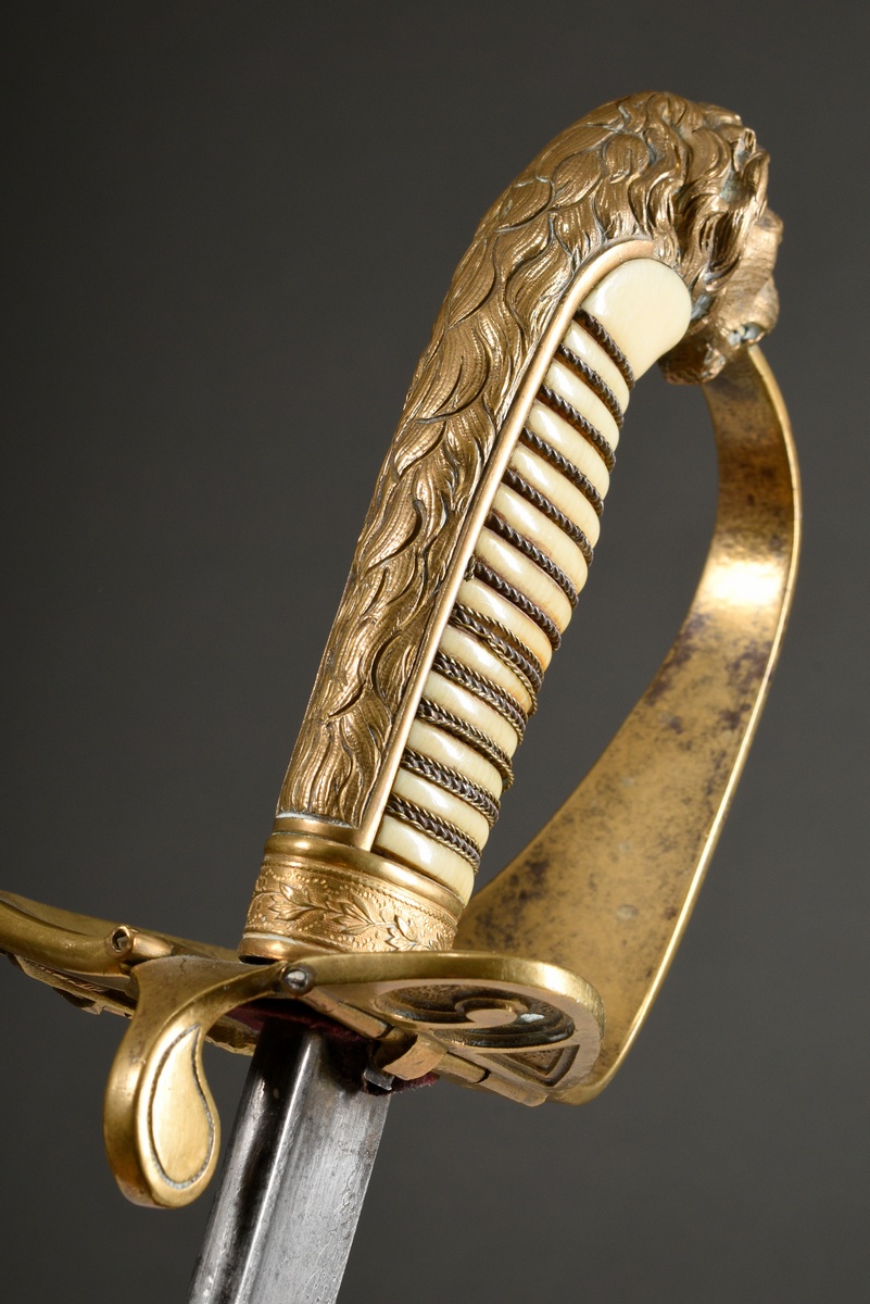 Prussian lion head sabre for the navy, bright damascus blade, maker's mark "W.K.&C." and two marks, - Image 4 of 17