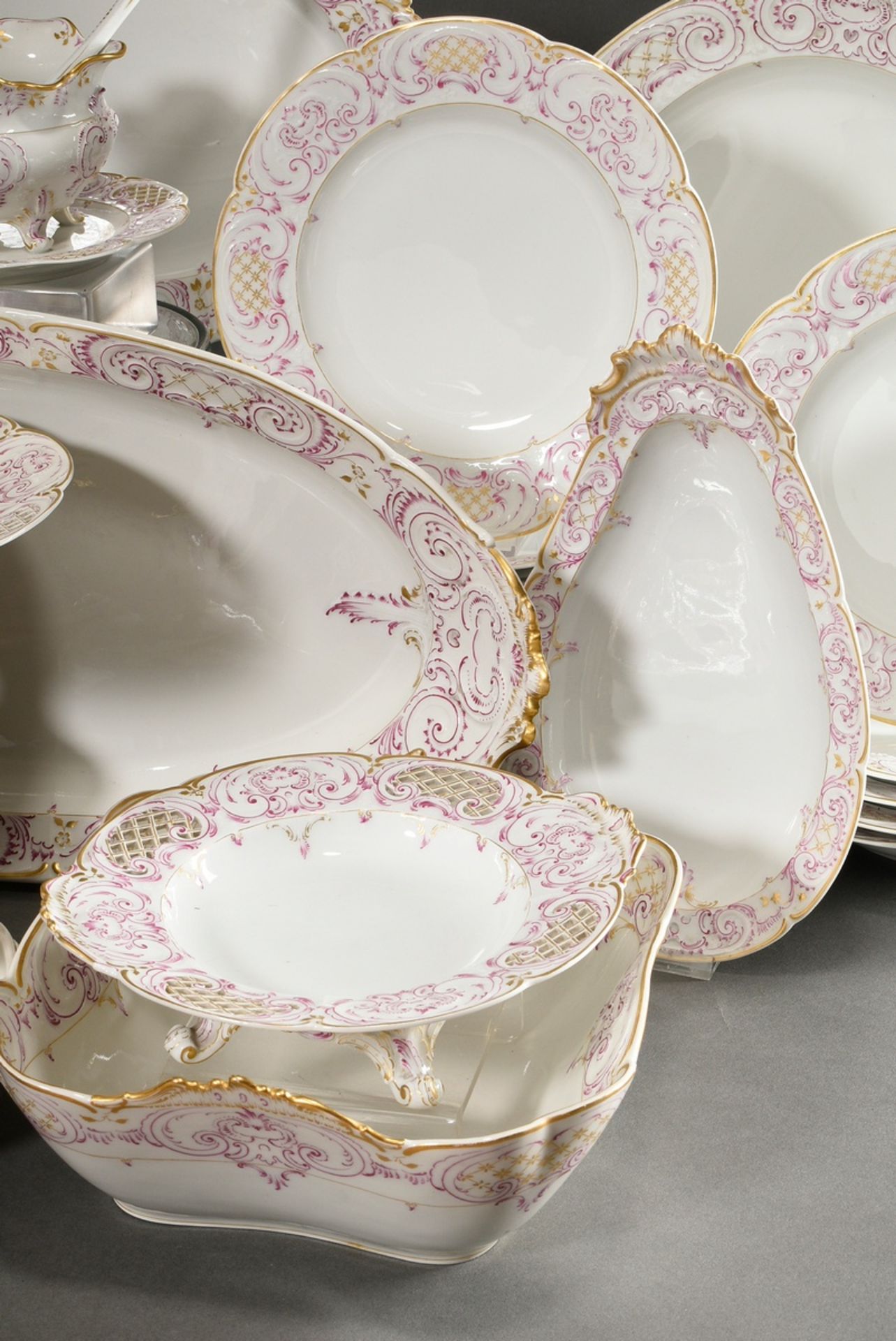 69 Pieces KPM dinner service in Rococo form with purple and gold staffage, red imperial orb mark, c - Image 5 of 22