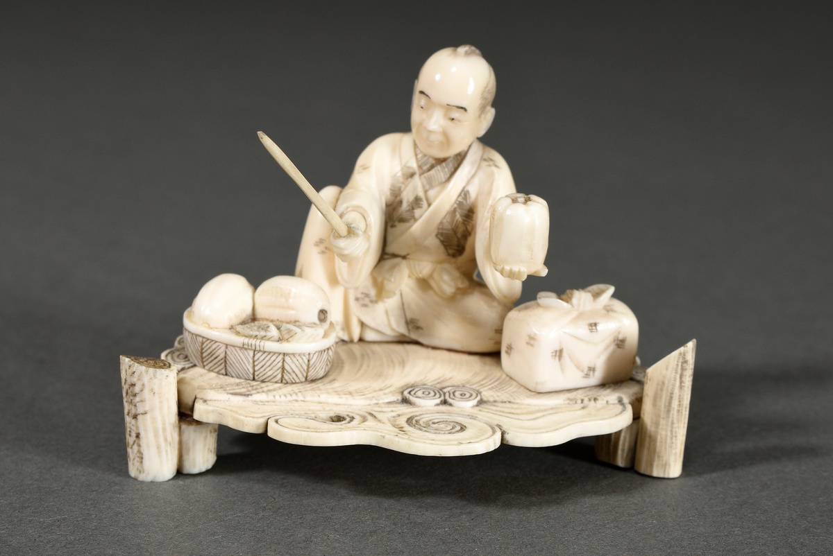 Ivory okimono ‘Chinese sage with moon lute accompanied by two drumming oni’, partially coloured bla