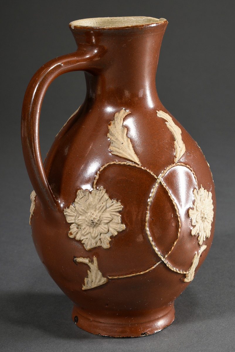 A large Bunzlau jug with Saxon coat of arms, egg shape over simple stand, funnel-shaped neck with p - Image 3 of 6