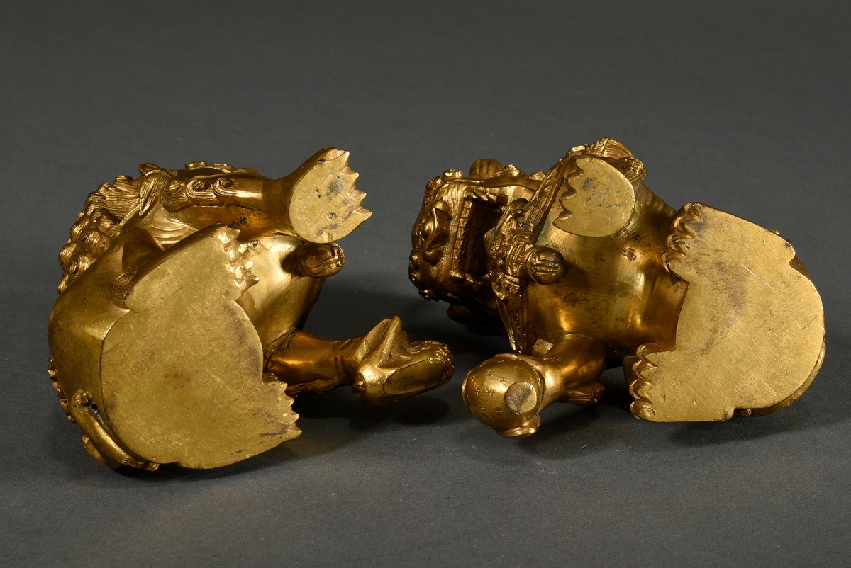 Pair of fire-gilt bronze Fo lions on angular cloisonné pedestals with polychrome borders and graphi - Image 9 of 9