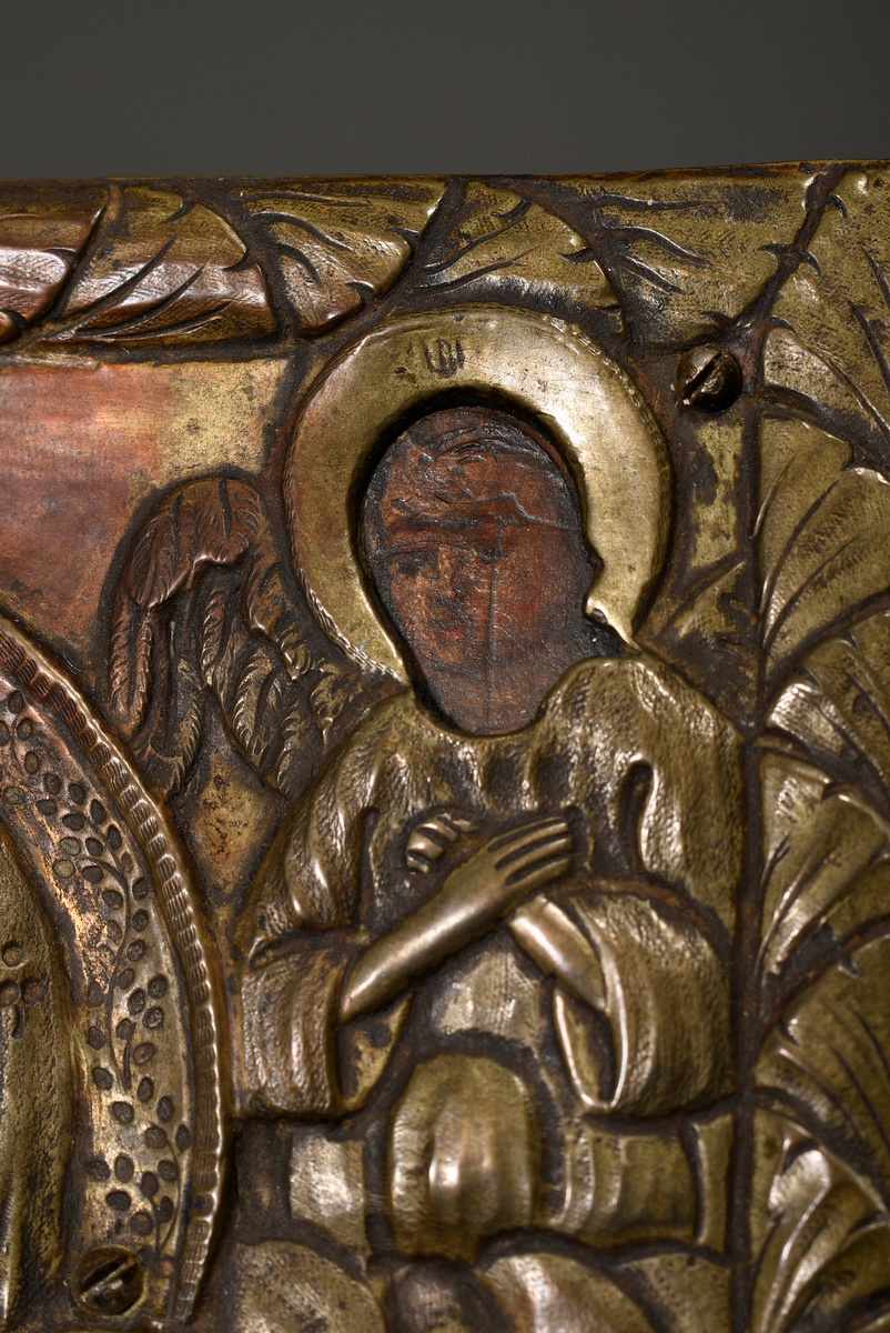 Russian icon with embossed and engraved brass oklad "Mother of God" flanked by two angels, chalk gr - Image 5 of 9