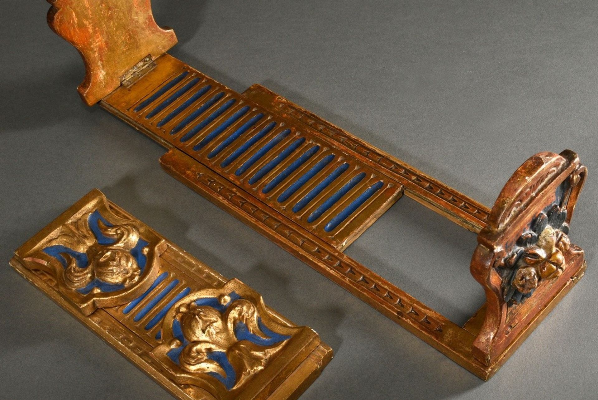 2 various size-adjustable bookends, carved wood, coloured and gilded, Italy early 20th century, 41. - Image 3 of 5