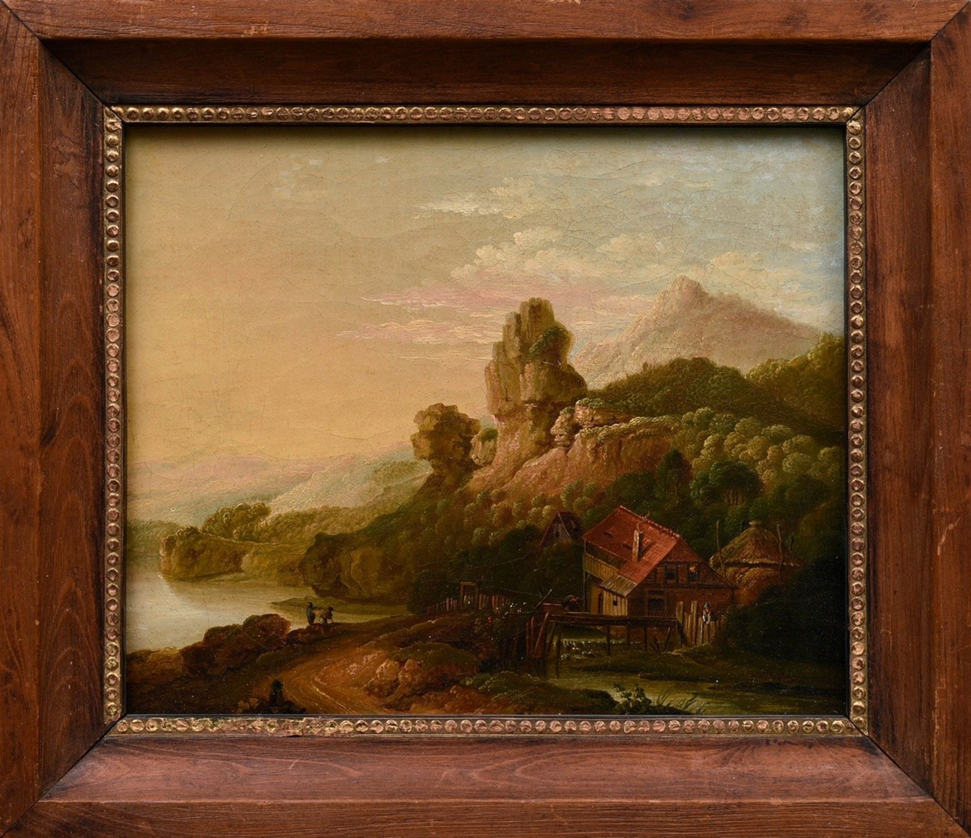 Unknown artist c. 1800 "Romantic landscape with watermill", oil/canvas, doubled, 21x25cm (w.f. 27,5 - Image 2 of 4