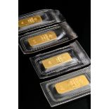 4 Various Degussa yellow gold 999.9 bars, total 40g, 2.4x1.1cm