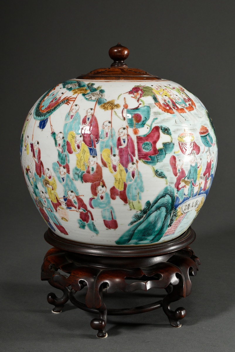 Bellied ginger pot with carved wooden lid and stand and polychrome painting "New Year's festival wi - Image 3 of 13