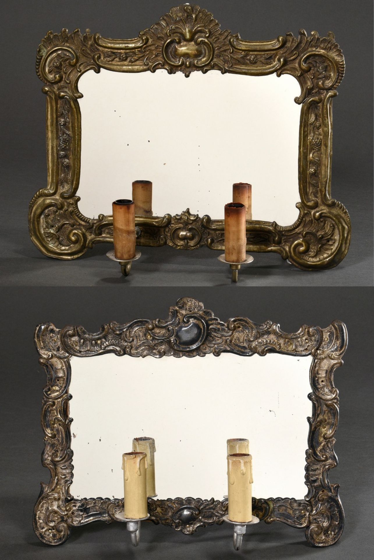 2 Diverse querformatige Rokoko Spiegel-Blaaker in getriebenen Weißblech Rahmen mit Rocaillen und C-