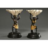 Pair of cast iron business card trays with figural base and shell shelf, coloured, early 20th centu
