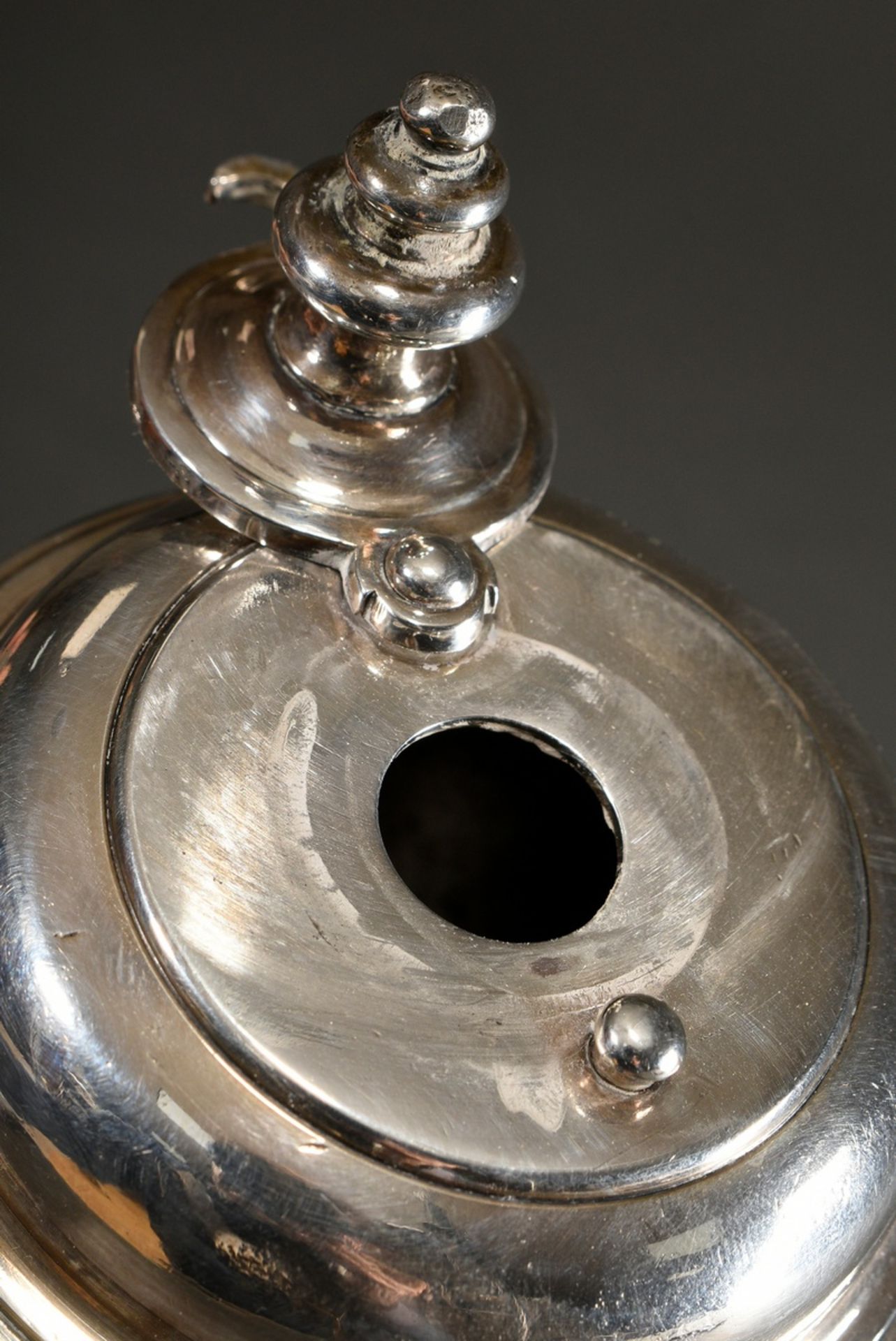Antique cocoa pot of conical teardrop form on ball feet with turned handle attached to the side, pl - Image 4 of 6