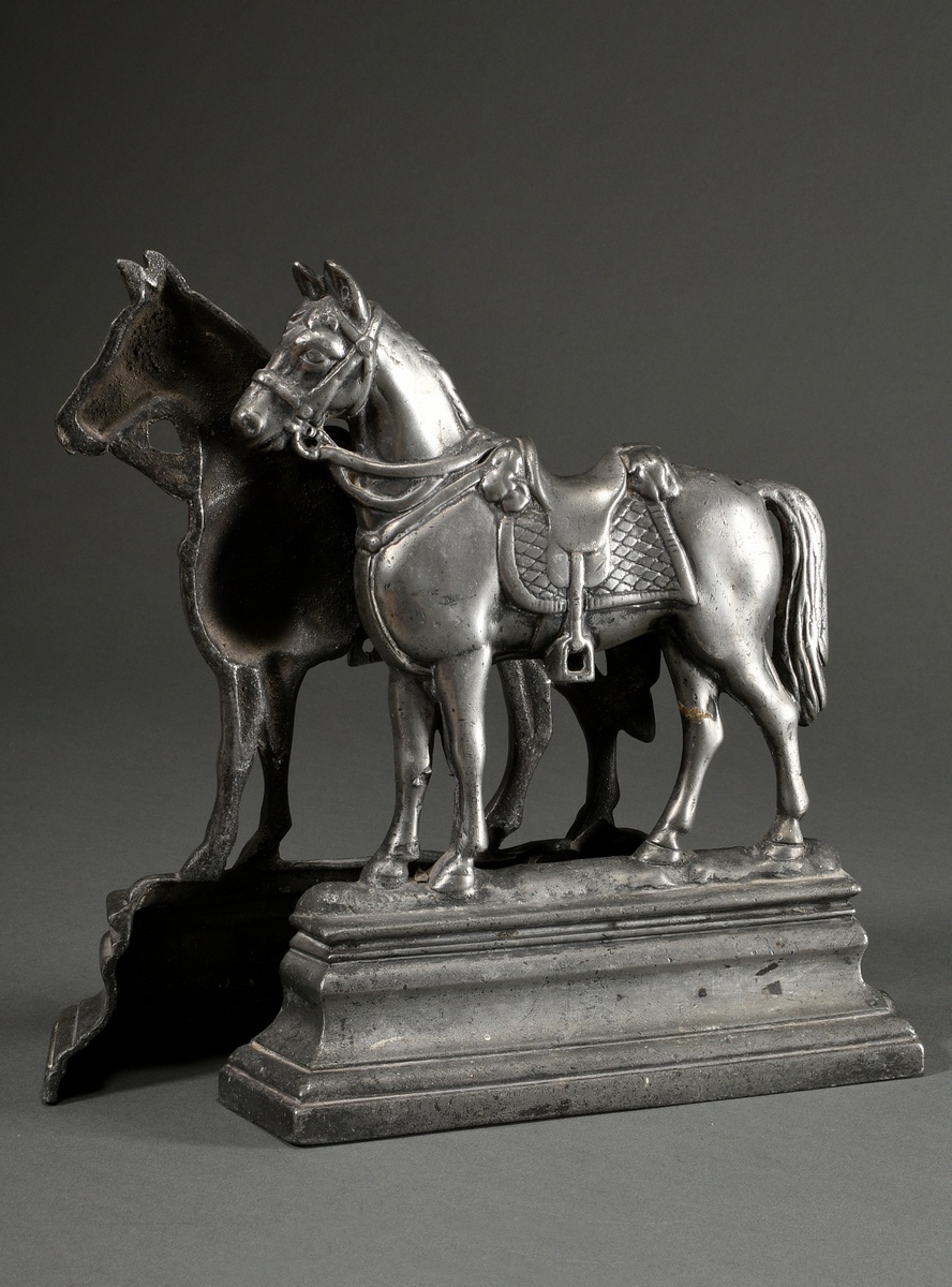 Pair of cast metal doorstops ‘Bridled and saddled horses’, R.No 55341, England around 1890, 32.5x25