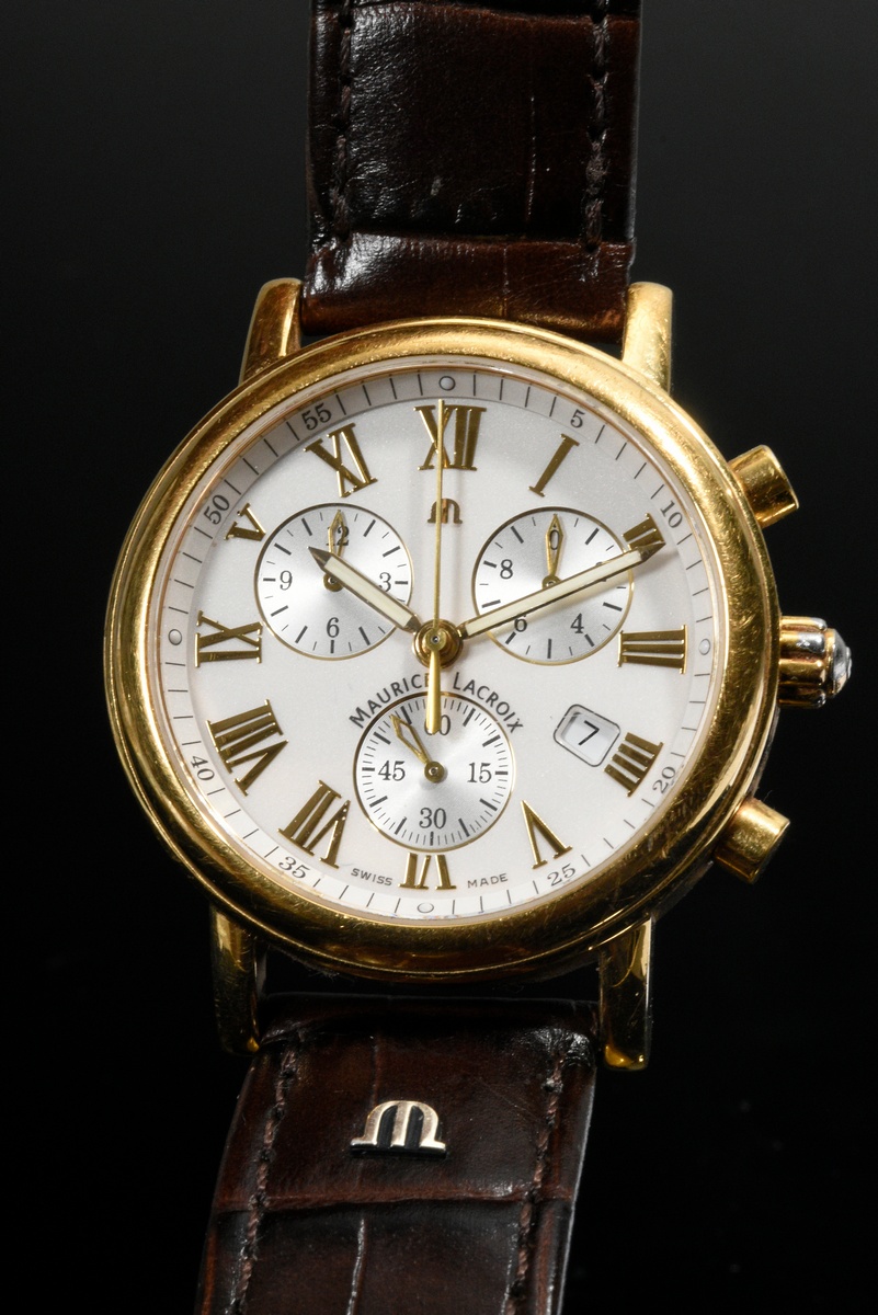 Maurice Lacroix Chronograph Armbanduhr, Edelstahl vergoldet, Emaille Zifferblatt mit römischen Zahl - Bild 5 aus 5