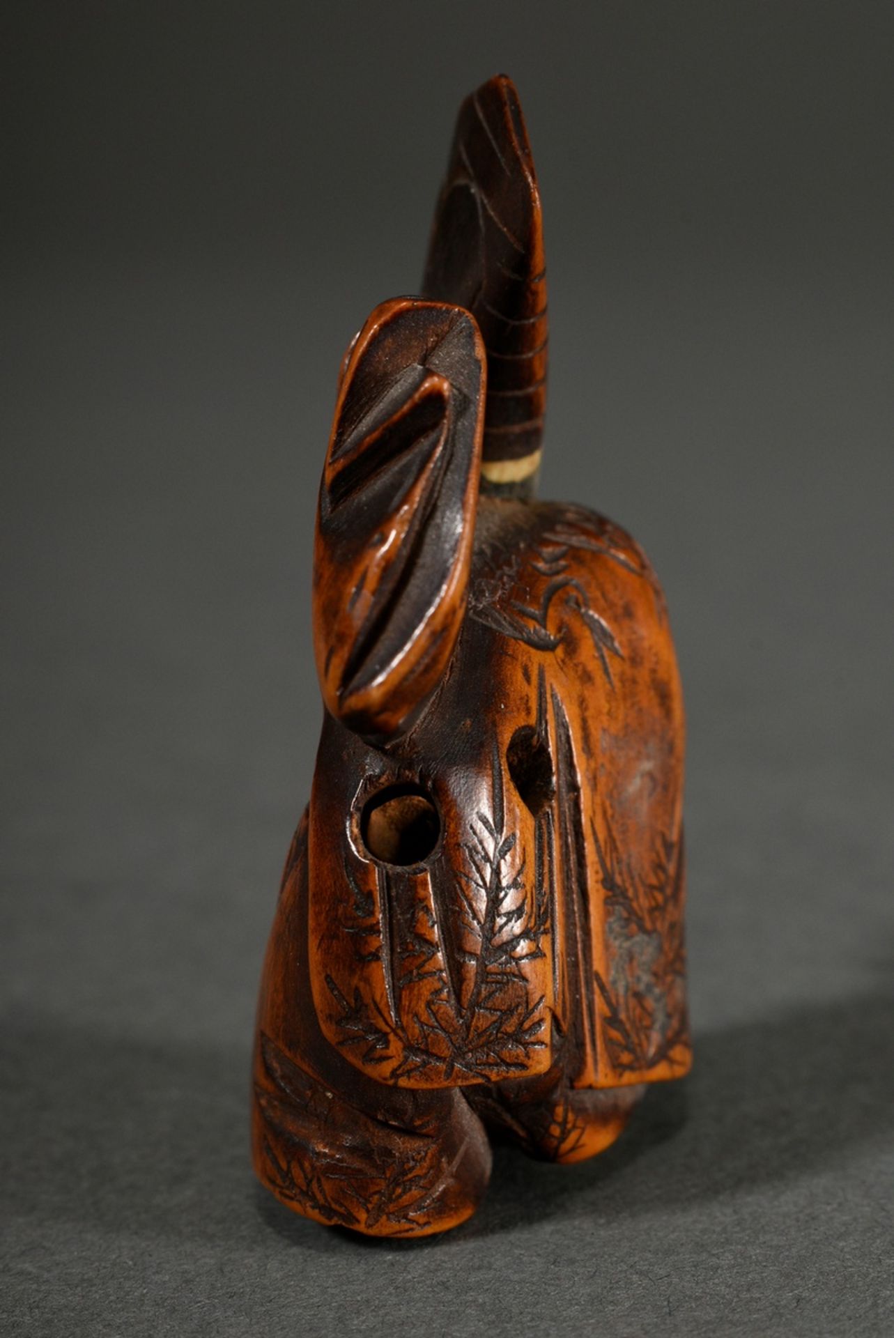 Boxwood netsuke "Sambaso New Year dancer" with movable tongue, face and feet made of bone, Japan ap - Image 3 of 5