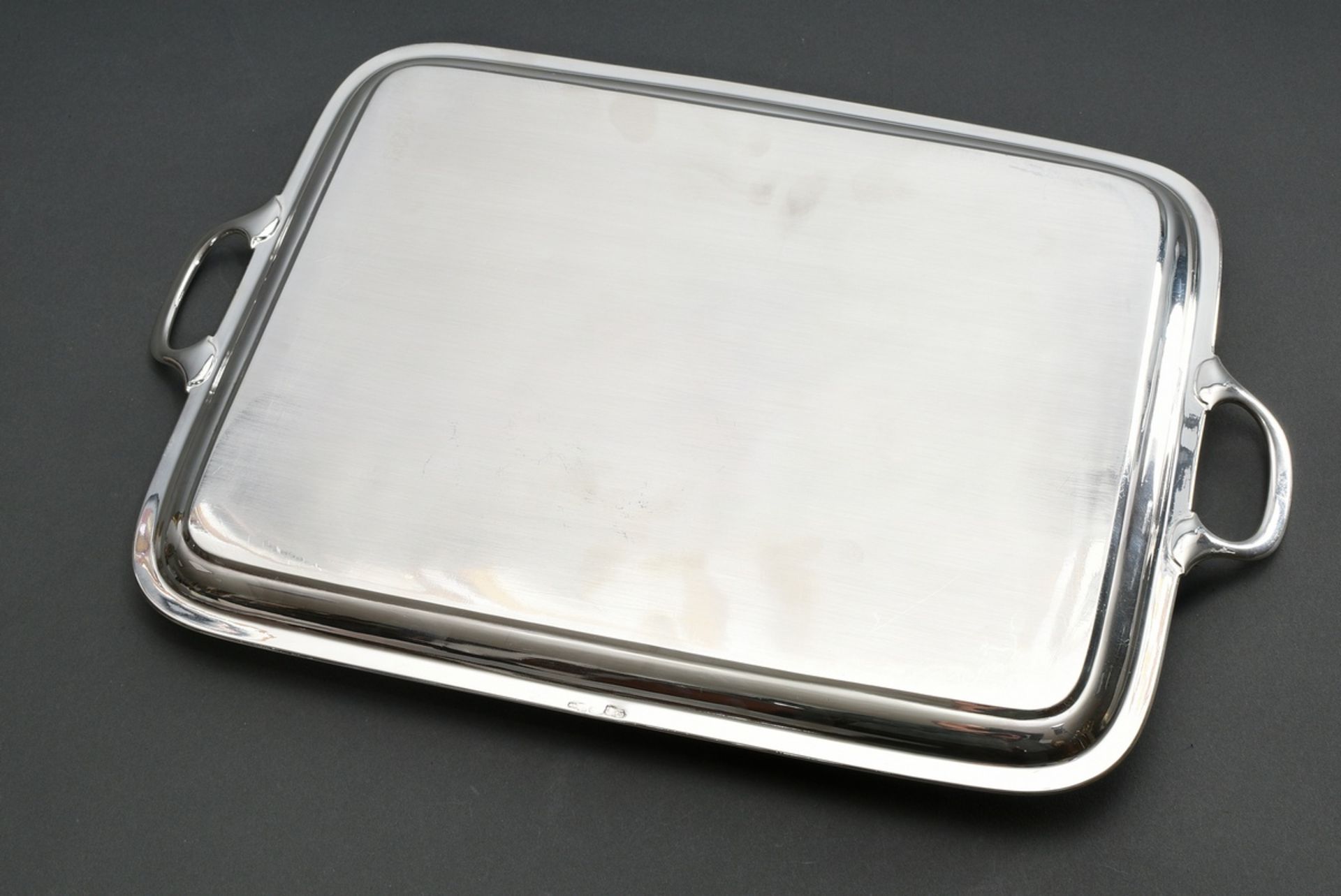 Rectangular tray in a simple design with side handles and monogram in Fraktur script ‘JR’ and date  - Image 6 of 6