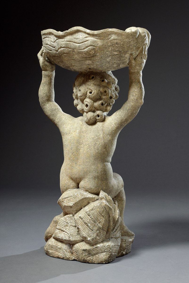 Sandstone garden figure "Putto holding a shell", h. 82cm, restored - Image 2 of 7