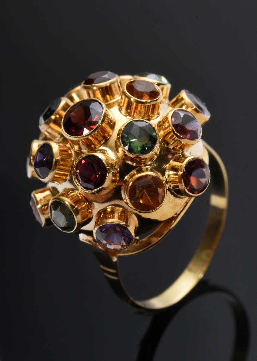 Yellow gold 800 Sputnik ring with amethysts, topazes, citrines and garnet, Portugal, 5.2g, size 55 - Image 2 of 4