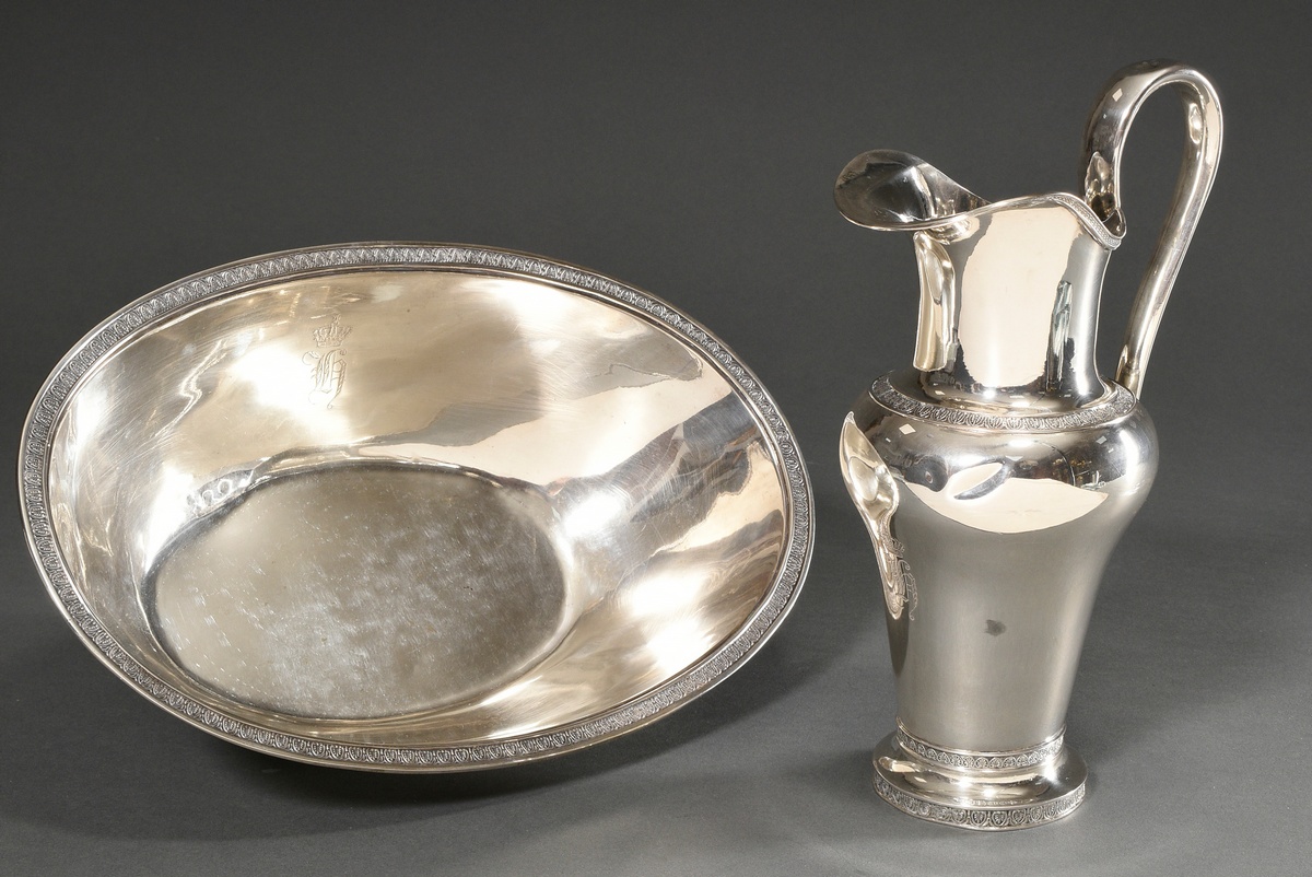 2 Pieces of Empire christening ware in plain façon with classical foliate frieze and engraved monog