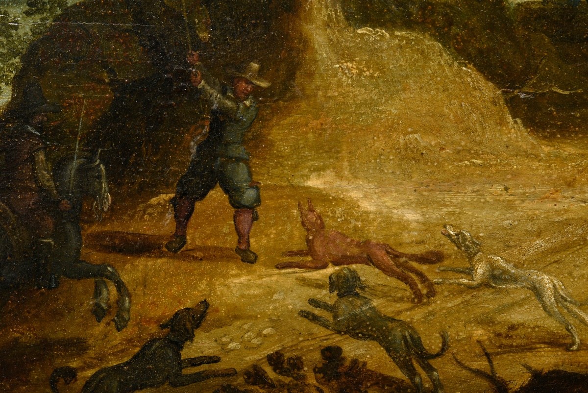 Unknown artist of the 17th/18th c. "Ideal landscape with hunting scene", oil/wood, with illuminatio - Image 3 of 7