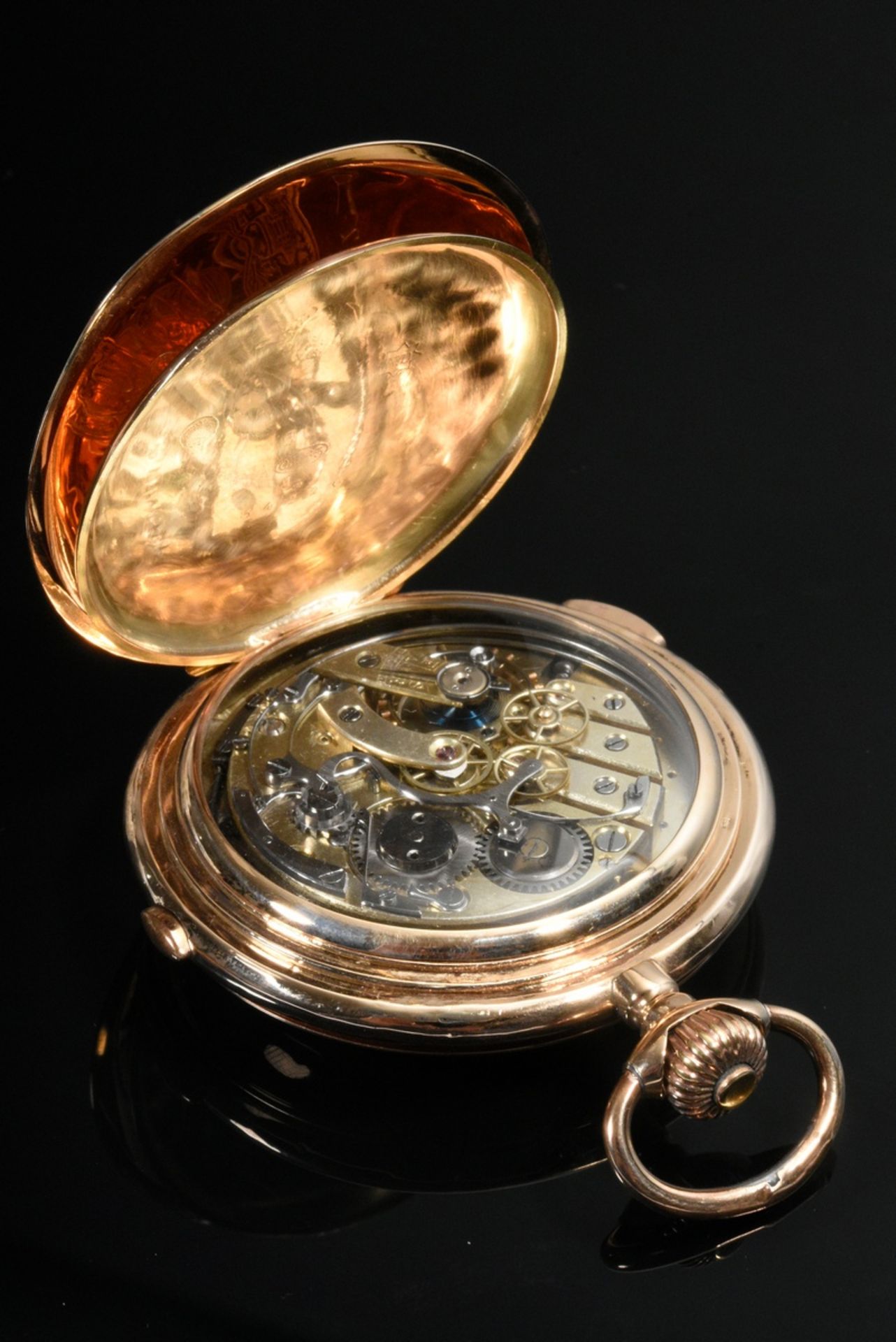 Rotgold 585 Drei-Deckel Taschenuhr, Chronograph, Viertelstunden Repetition, Sekunden Stoppfunktion, - Bild 7 aus 10