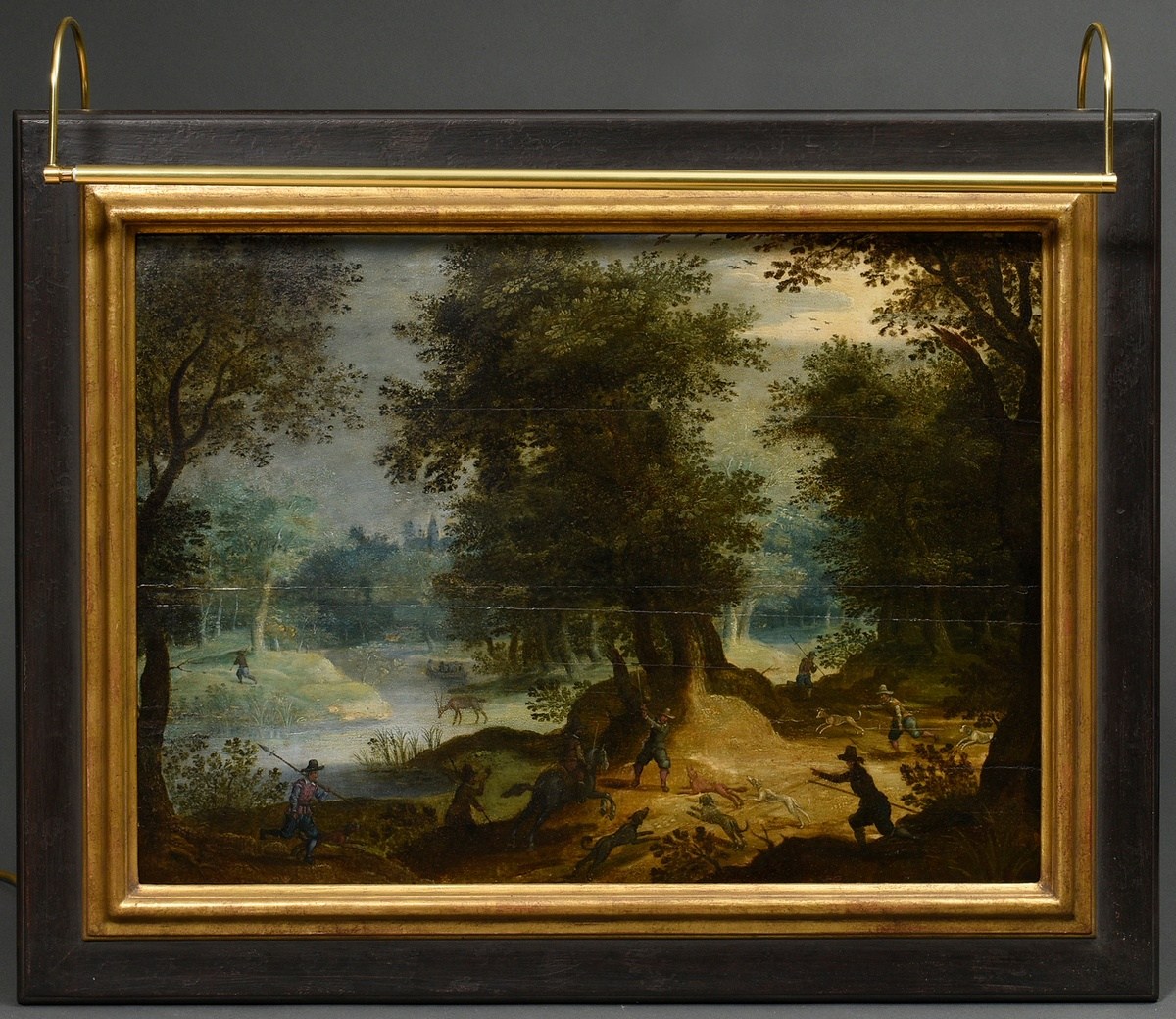 Unknown artist of the 17th/18th c. "Ideal landscape with hunting scene", oil/wood, with illuminatio - Image 2 of 7