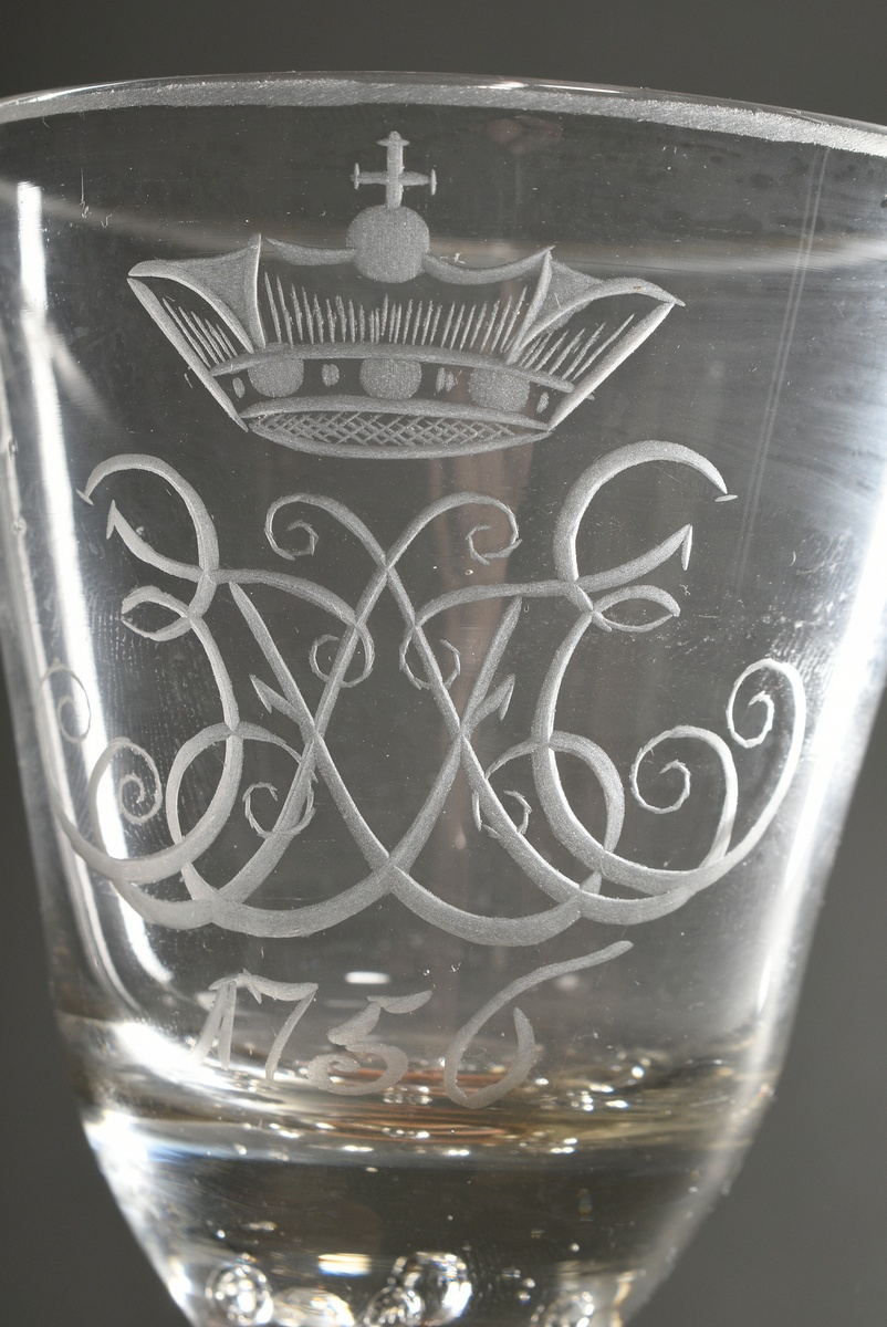 2 various Baroque glasses with incised mirror monograms and captured bubbles to the stem and turned - Image 3 of 5