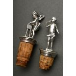 2 Various bottle corks, silver-plated metal, approx. 1900: cupids with grindstone and theatre mask,