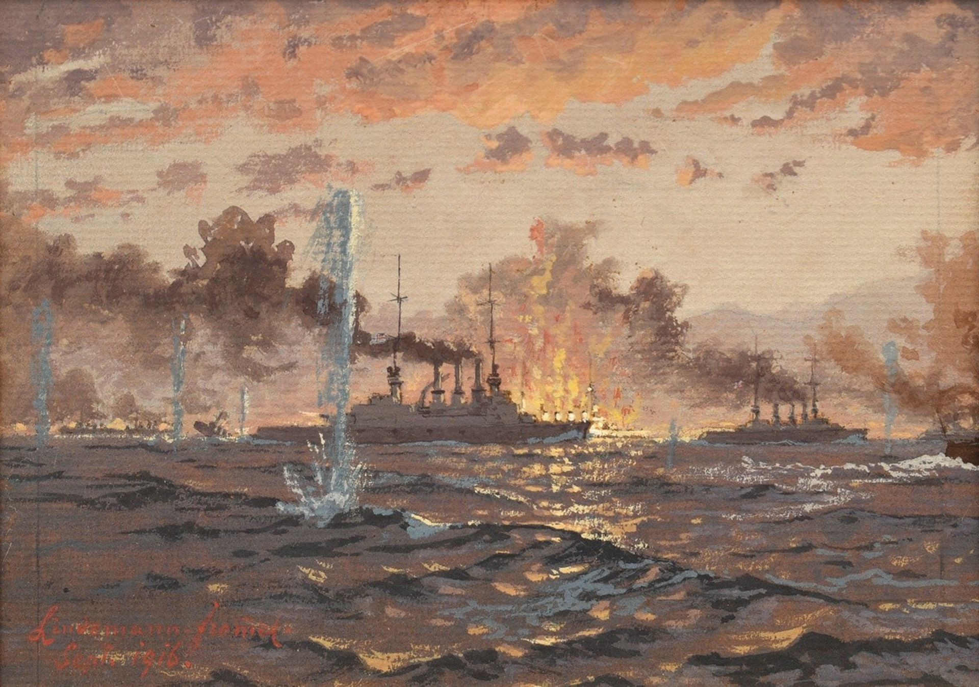 Lindemann-Fromel, Manfred Alfred (1852-1939) „Schlacht am Skagerrak“ 1916 (wohl Linienschiff 'Schle