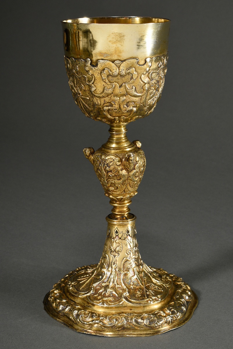 A Baroque communion chalice on a six-panelled foot with rich cartouche relief and 3 amorphous carto - Image 2 of 6