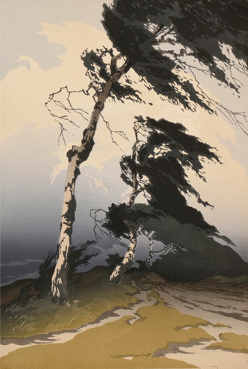 Droege, Oscar (1898-1983) 'Birches in the storm', colour woodcut, sign. b.r., PM 35,6x23,8cm (w.f. 