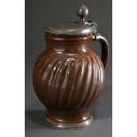 Bunzlau pear jug with diagonally drawn ribs and pewter foot ring and lid, 18th century, brown glaze