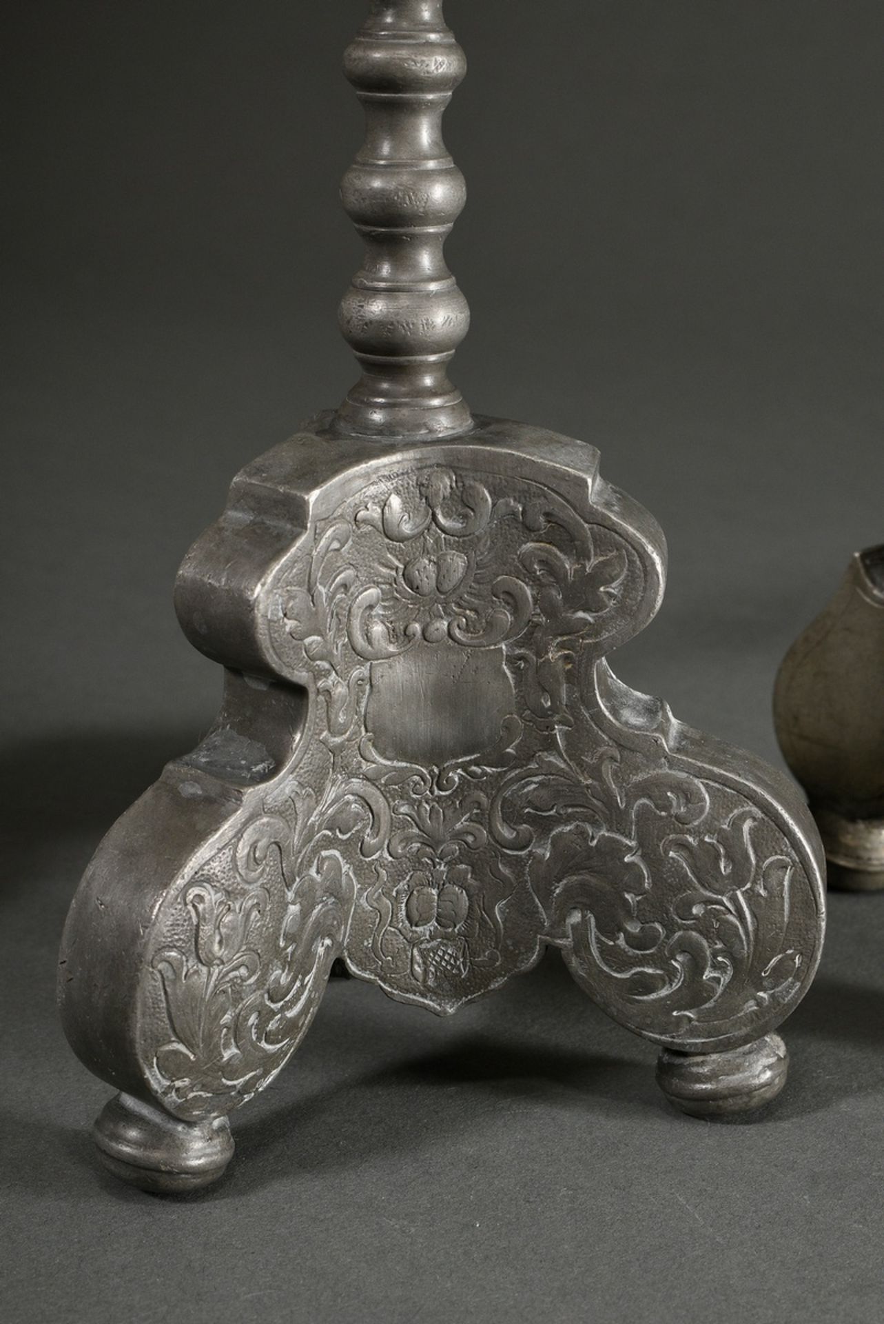 3 various baroque pewter candlesticks with baluster shaft over tripod and spike over protruding dri - Image 2 of 5
