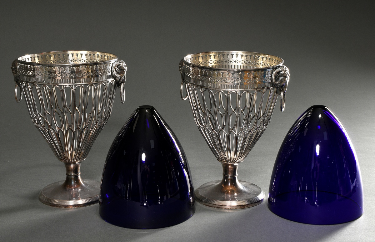 A pair of large silver-plated lidded vases with lattice bodies and sculptural trestle heads and blu - Image 6 of 8