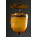 Amber-coloured glass stable lantern with brass chains, frosted inside, 19th century, h. 35cm, Ø 20c